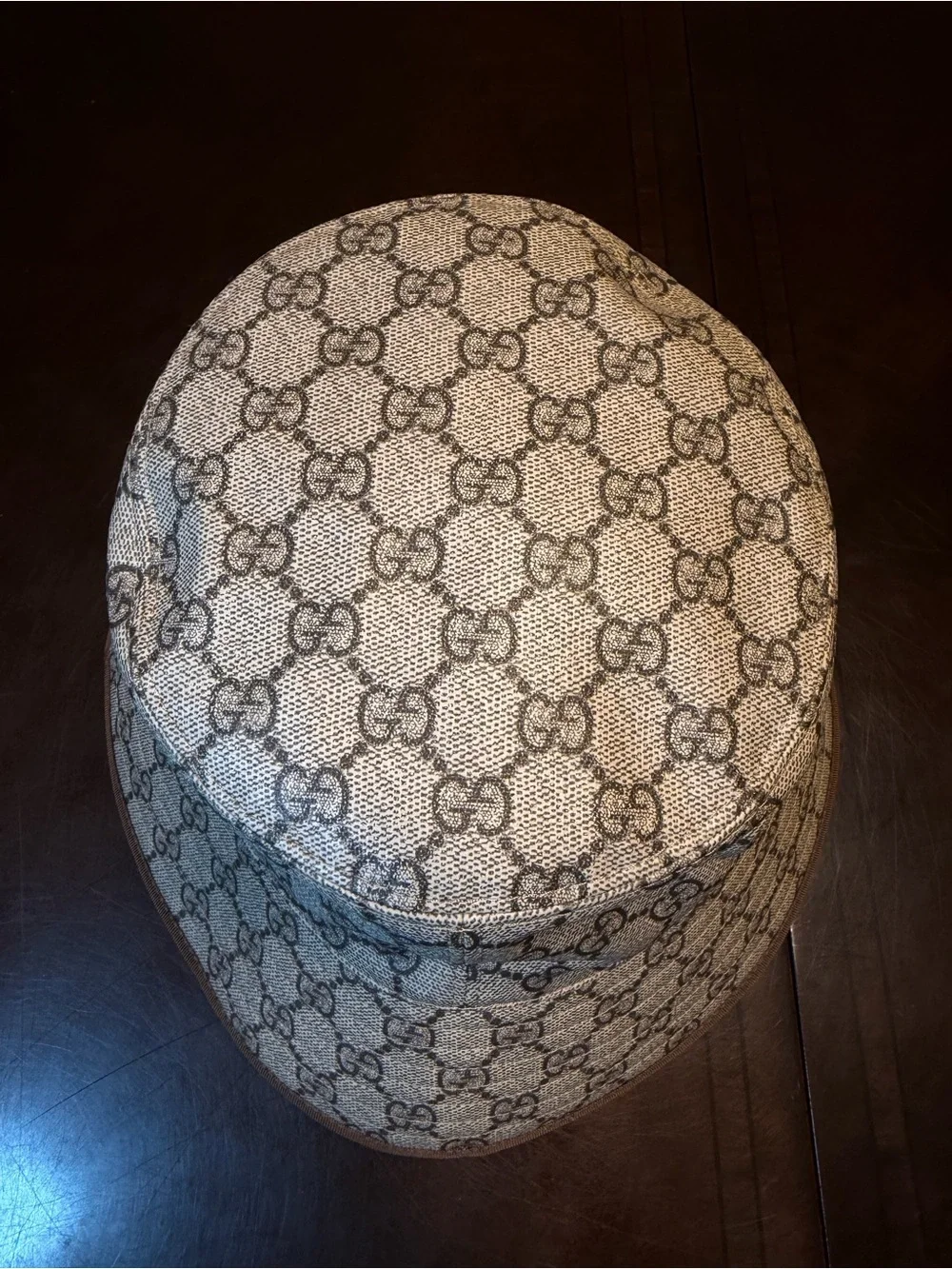 New Authentic Gucci GG Supreme Logo Leather Bucket Hat Tan Brown Size L